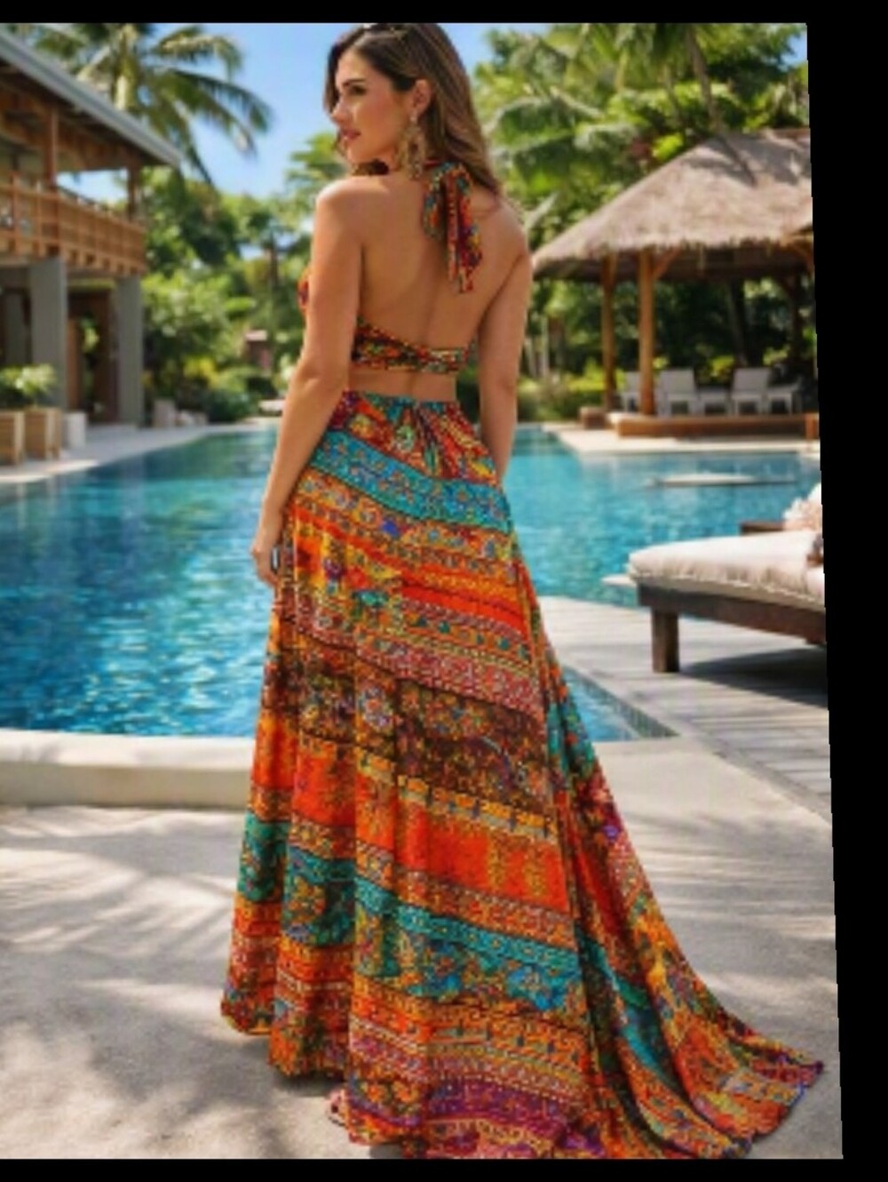 Colorful Bohemian Patchwork 2-Piece Set Maxi Skirt Halter Top Resort Festival